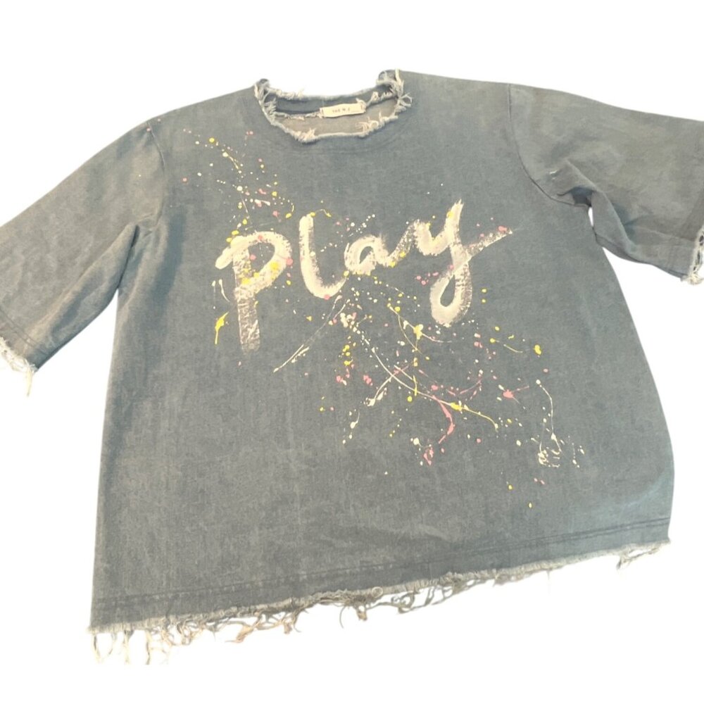 Denim Shirt Top Blouse Raw Hem Short Sleeves Play Paint Splatter The N.J Korea